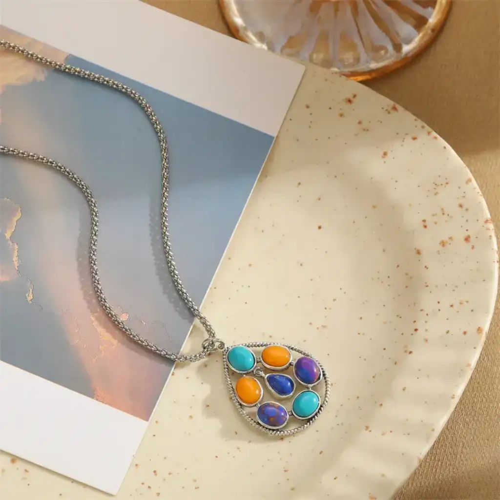 Retro Irregular Water Droplets Flower Alloy Hollow Out Inlay Acrylic Natural Stone Women’s Pendant Necklace1