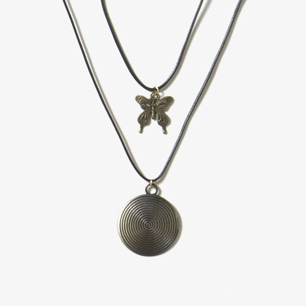 Retro Round  Alloy Leather Wax Line Women's Necklace- Butterfly