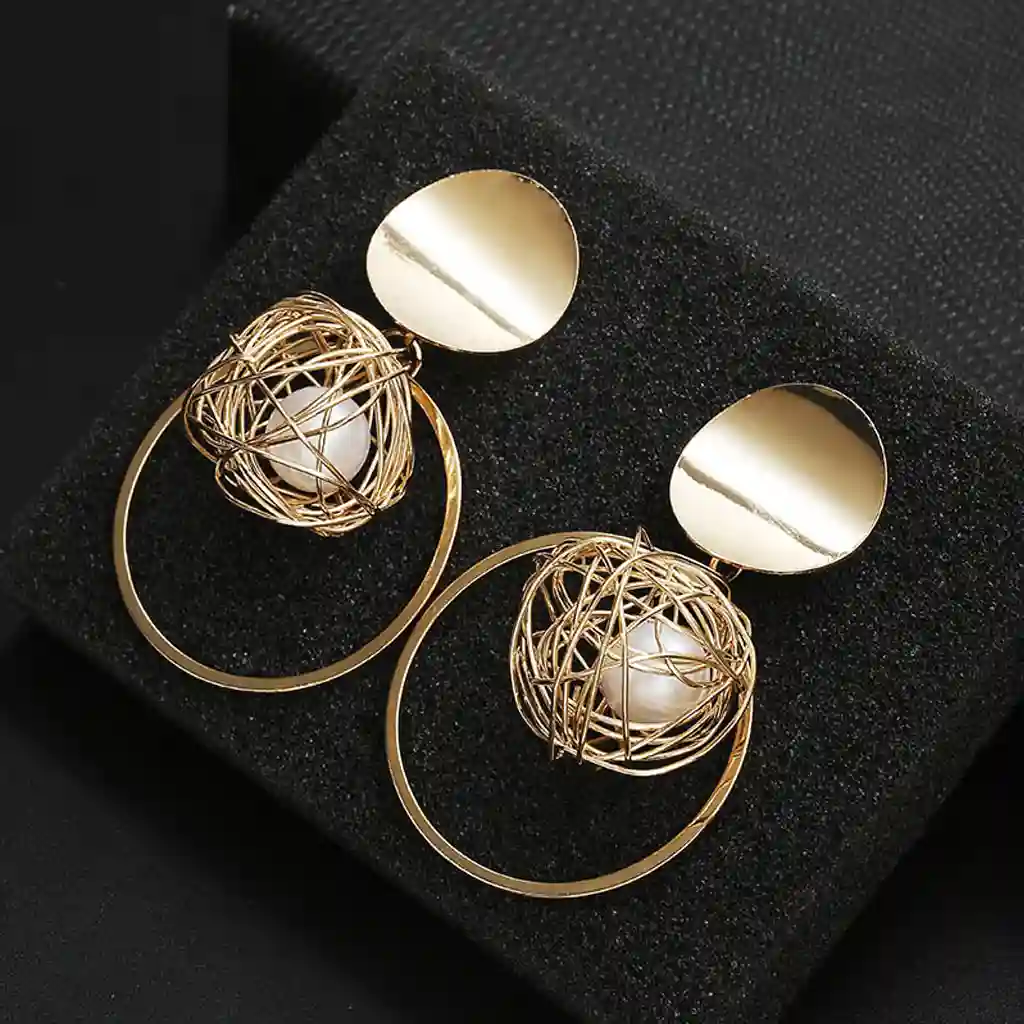 Korean Geometric Hollow Thread Ball Pearl Pendant Earrings 1