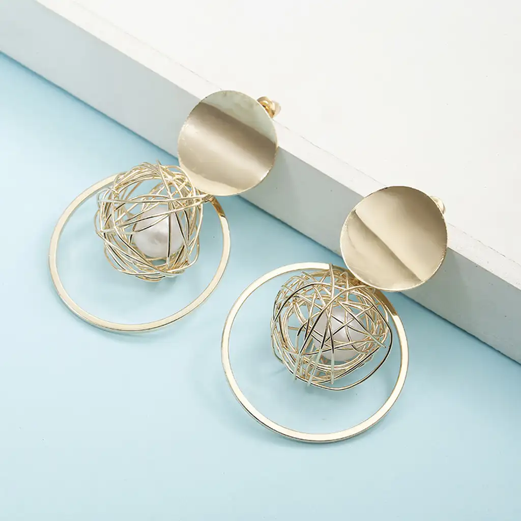 Korean Geometric Hollow Thread Ball Pearl Pendant Earrings 2