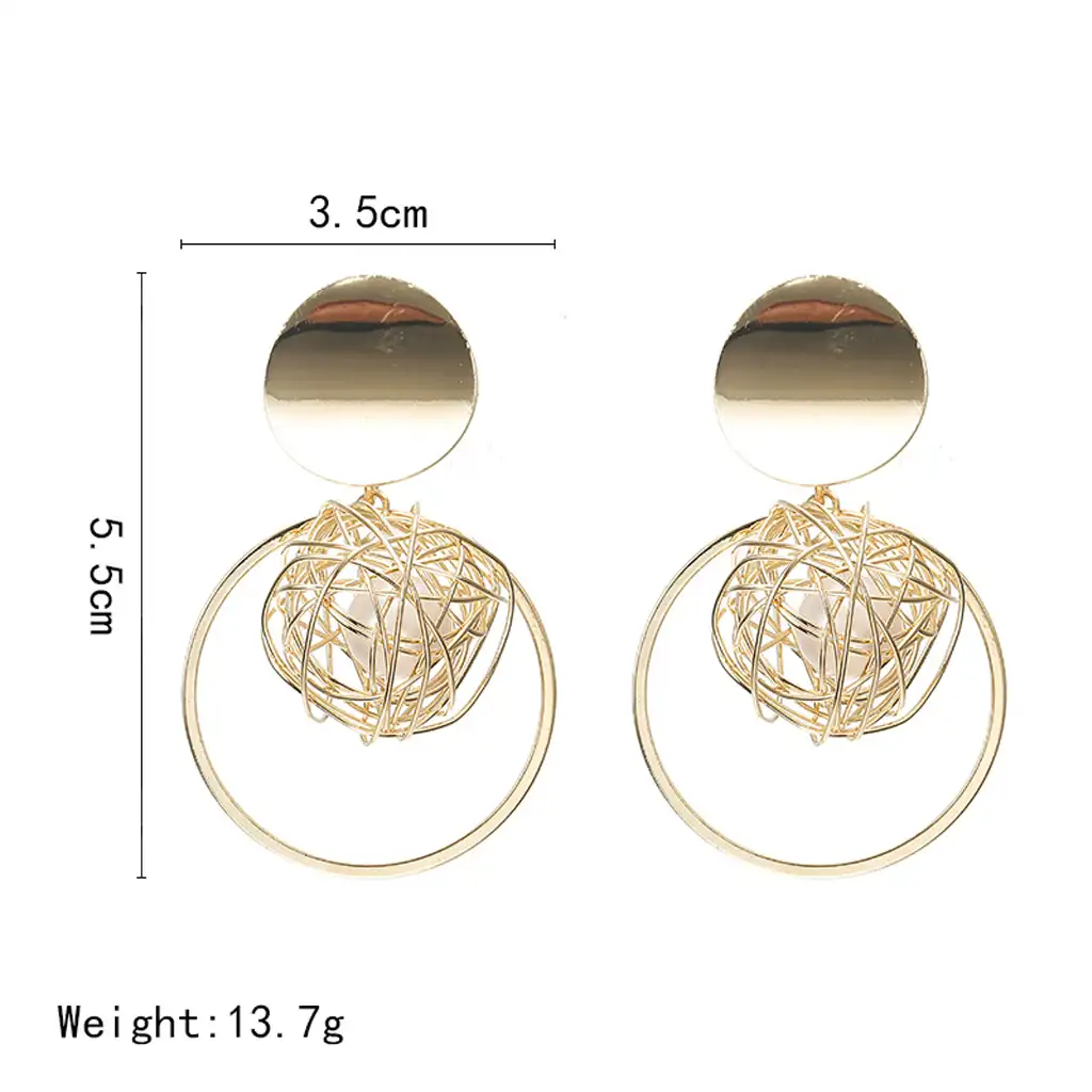 Korean Geometric Hollow Thread Ball Pearl Pendant Earrings 3