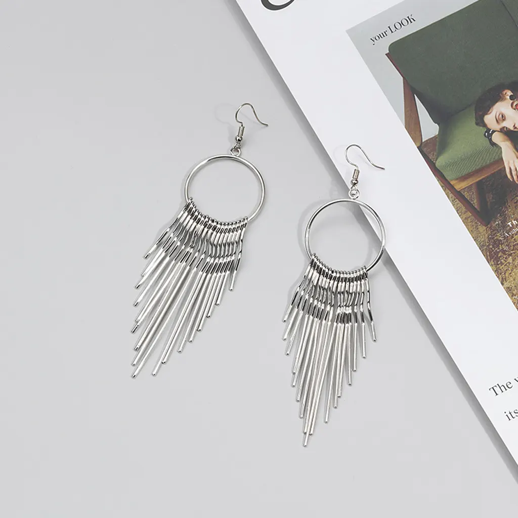 Long Metal Tassel Geometric Metal Earrings -Silver 1