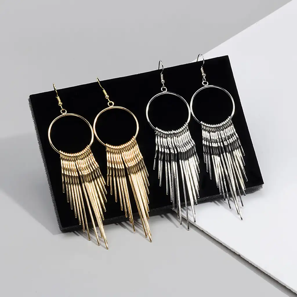 Long Metal Tassel Geometric Metal Earrings -Silver 2