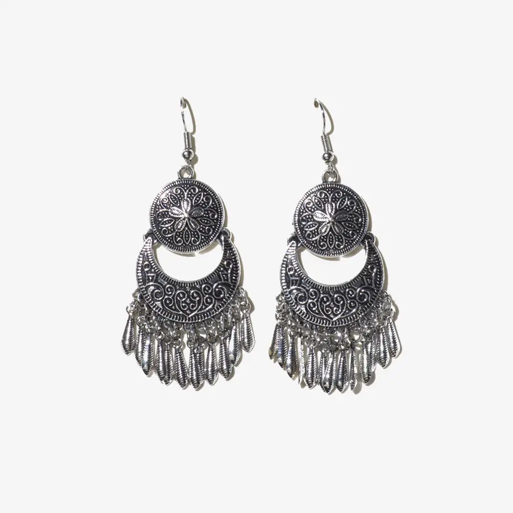Retro  Flower Pattern Tassel Dangle Earrings Zinc Alloy- Silver