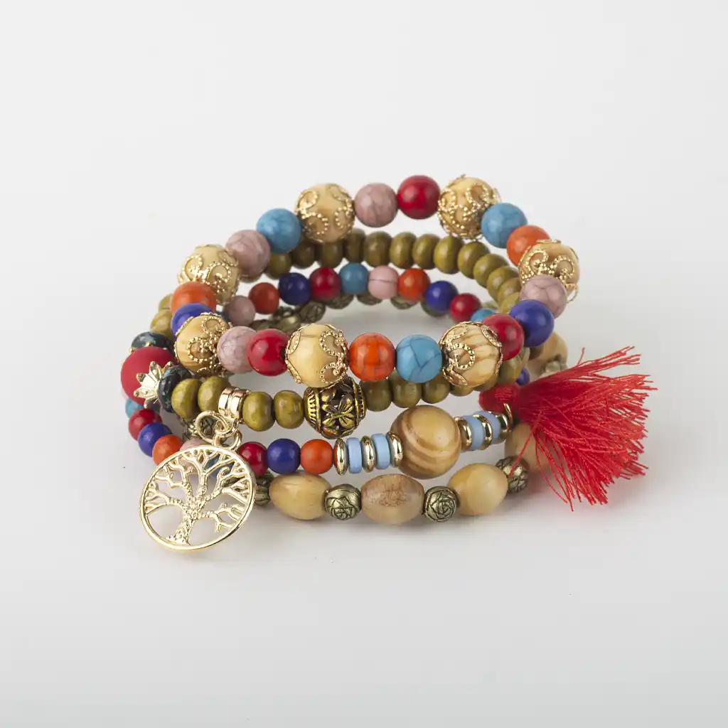 Retro Ethnic Style Life Tree Wood Unisex Bracelets-  Red
